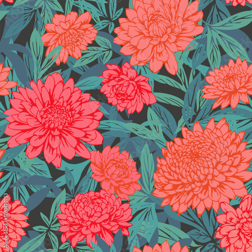 Seamless vector floral pattern with lush red and coral chrysanthemum flowers and teal green leaves on a dark background. Bold botanical design for fashion and home decor