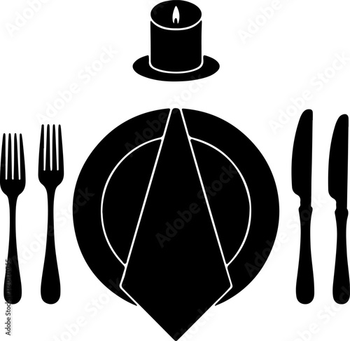 Black Silhouette Set of Elegant Table Decor Plate Napkin Fork Knife and Candle