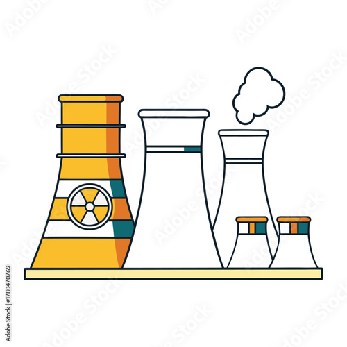 Stylized illustration of a nuclear power plant with cooling towers, featuring a radioactive symbol and emitting steam, in a flat design