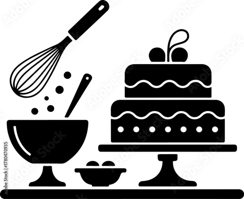 Black Silhouette Set of Fine Bakery Station Cake Whisk Bowl and Tray