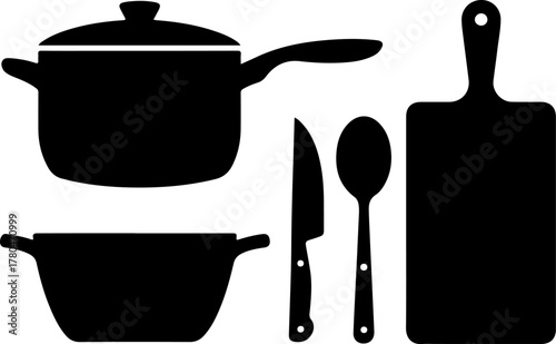 Black Silhouette Set of Food Preparation Tools Pot Knife Spoon and Board