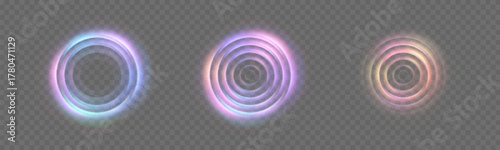 A set of glowing round energy rings with concentric waves on a transparent background for portals, game interfaces, Wi-Fi icons, technical communication elements, and network communication elements.
 