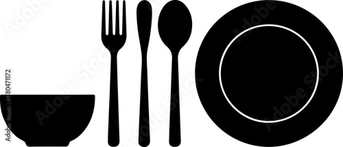 Black Silhouette Set of Fruit Serving Tools Fork Bowl Spoon and Plate