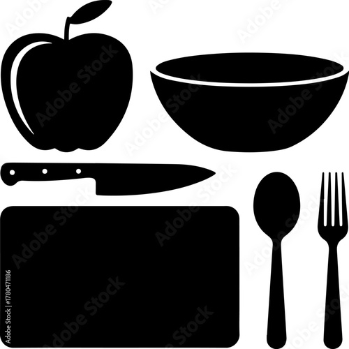 Black Silhouette Set of Fruit and Vegetable Prep Knife Board Bowl Spoon and Fork