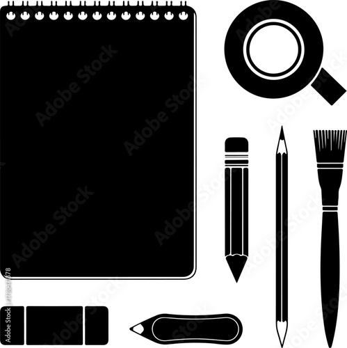 Black Silhouette Set of Creative Tools Sketchpad Cutter Pencil Tape Eraser and Brush