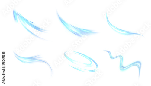 A set of blue glowing trails and curved energy trails on a transparent background, suitable for game interfaces, magic effects, dynamic overlays, and animation design.