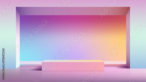 3D minimal product display podium mockup on vibrant holographic gradient background for modern advertising and cosmetic showcase