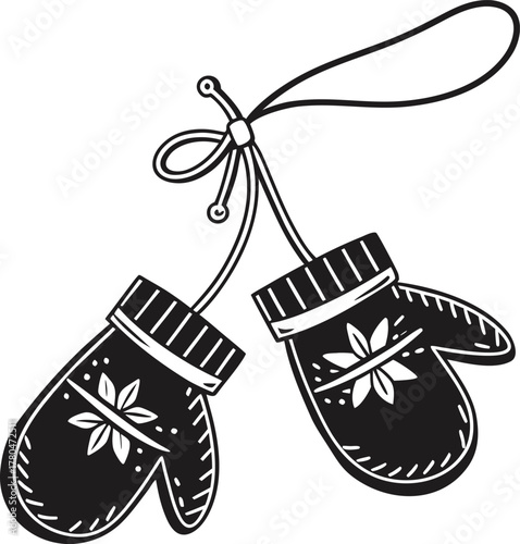 Cozy knitted winter mittens with snowflake pattern hanging together isolated on transparent background