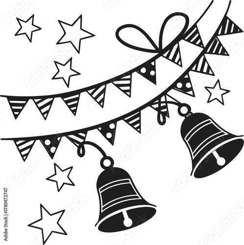 Hand drawn christmas bells and bunting festive decorations celebration elements isolated on transparent background