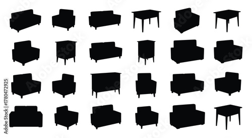 Collection of black silhouette armchairs and tables for interior design
