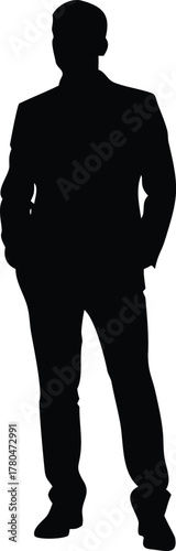 A dark silhouette of a man standing in a formal suit