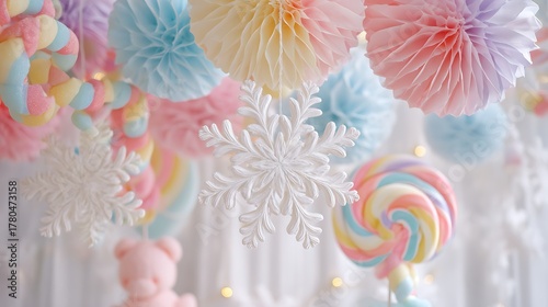 Whimsical pastel decorations create a magical and sweet atmosphere.