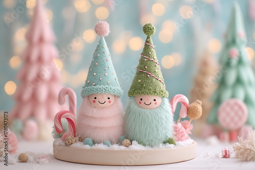 Two adorable gnomes with pointy hats and candy canes sit in a whimsical winter wonderland.