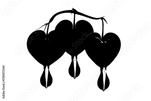 Mystical Mourning Drops, Bleeding Heart Flower Silhouettes Black White | Clean, isolated vector art for creative projects.