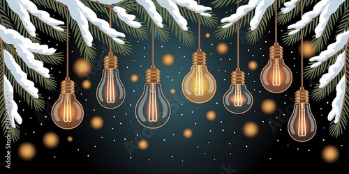 Decorative Edison bulbs hang from snow-covered pine branches on a dark, speckled background.
