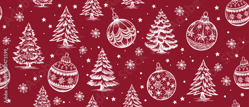 Christmas pattern with tree and toy on red, hand-drawn illustrations	
