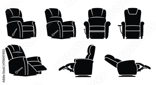 Set of recliner chair silhouette vector illustrations comfortable furniture for rest