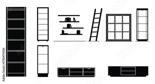 Set of shelving unit silhouette vector illustrations furniture for storage and display