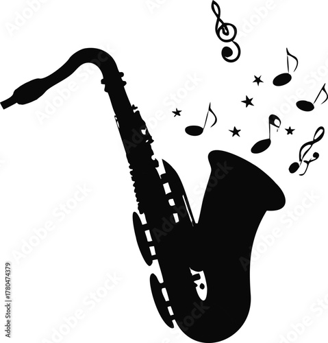 Black silhouette of a saxophone with musical notes and stars around it