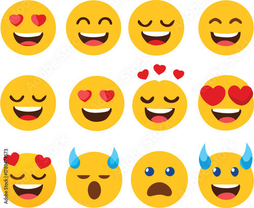 Collection of various yellow emoticons expressing different happy and playful emotions