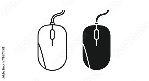Two computer mice, one outlined and the other filled in, with attached cords.