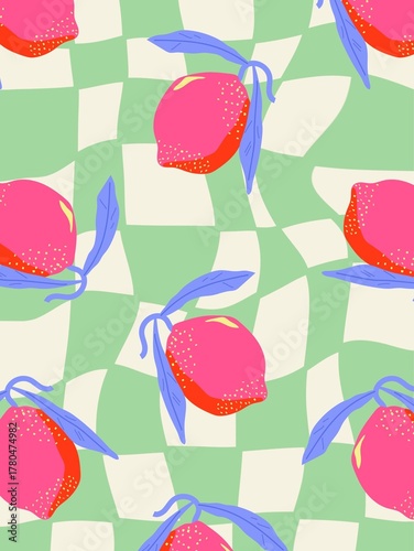 Cute Pink Lemon Fruit Pattern Retro Groovy Cover Design, A4 Pastel Background, Colorful Summer Pattern for Notebook, Journal or Stationery