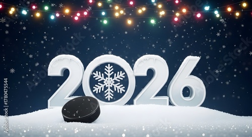 Happy new year 2026 with snowflake and hockey puck