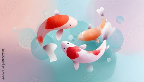Koi fish with white and orange patterns swimming on bubble water background