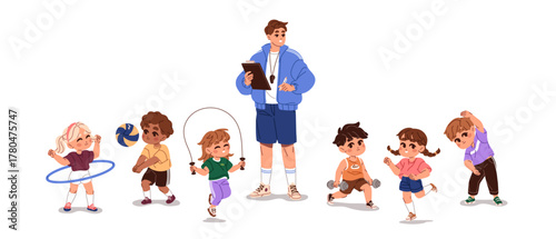 Children do sports with coach at school. Teacher of physical education is training students. Child trainer and kids doing gymnastic exercises. Flat isolated vector illustration on white background
