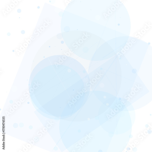 Abstract background with translucent light blue and grey geometric shapes and scattered dots on a white canvas.