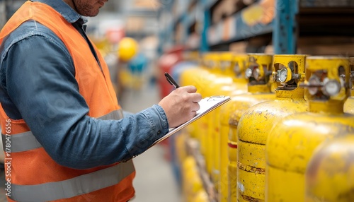 Technician inspecting industrial gas cylinders in a factory