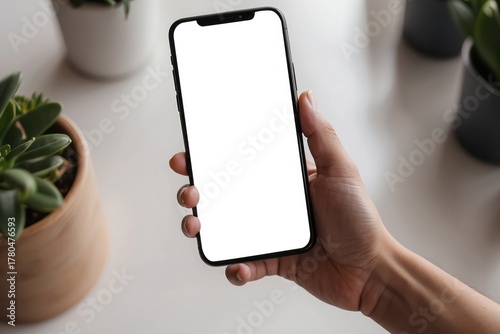 mock up phone in woman hand showing white screen