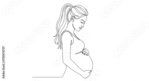 A beautiful single continuous line art drawing depicting a pregnant woman's silhouette, embodying the delicate journey of motherhood with a one-line artistic expression