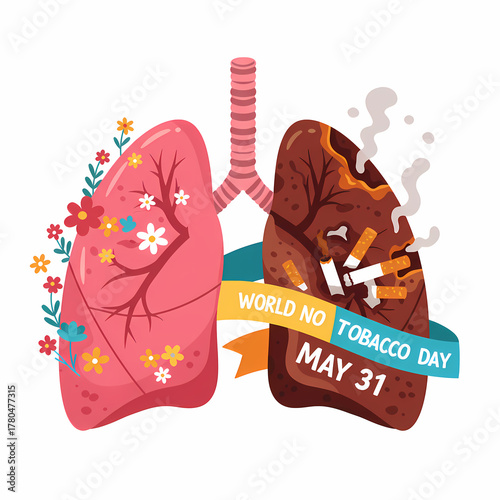 Lungs Cartoon Showing Healthy and Damaged Lungs with Cigarettes