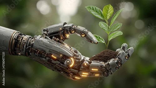 Robot hand gently holding a young plant with soil, symbolizing harmony between technology and nature