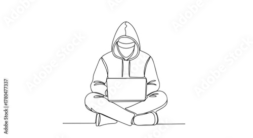 One line Continuous single line drawing of a hacker using a laptop in hoodie