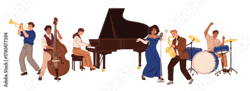 Performance of jazz band on stage. Musicians play musical instruments, singer sing songs. Group of jazzmen performs music with saxophone, piano. Flat isolated vector illustration on white background