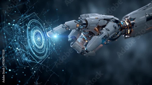 Robotic hand reaching out to glowing circular interface in a futuristic setting