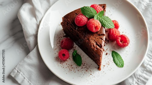 Delicious chocolate cake slice with fresh raspberries served on a white plate on a marble countertop