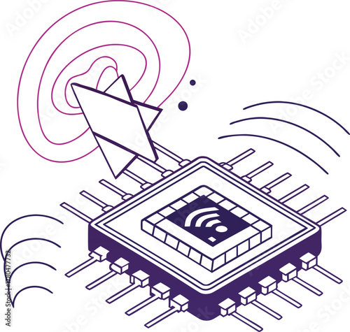 Isometric microchip CPU with integrated Wi-Fi signal icon vector illustration, featuring abstract energy waves and wireless data transmission technology concept graphic.