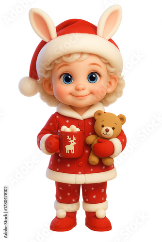 Adorable blonde girl with bunny ears and Santa hat in red Christmas pajamas holding a hot cocoa mug and plush toy cutout transparent PNG