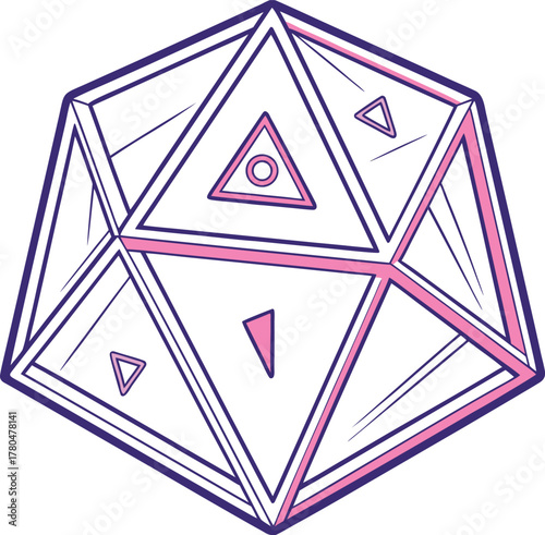 Mystic D20 icosahedron die vector illustration with pink and purple outlines, featuring geometric symbols and an all-seeing eye pyramid, for gaming and spiritual themes.