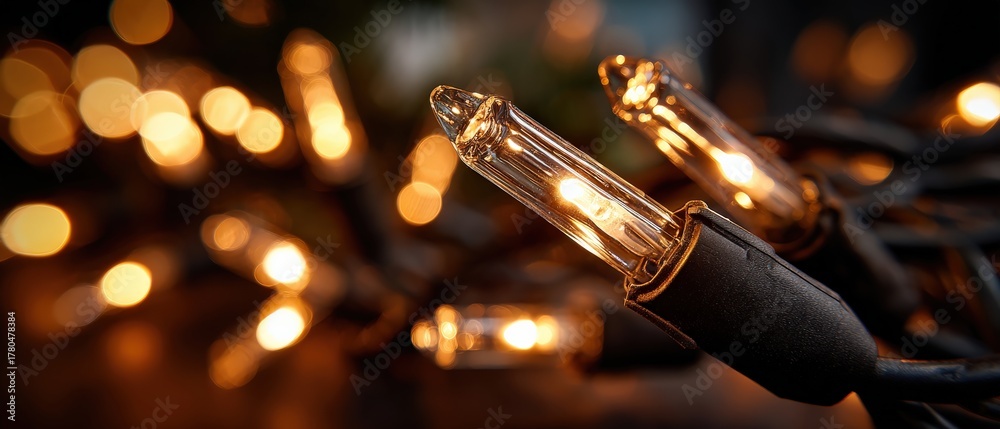 Naklejka premium Closeup of Warm Christmas Lights Glowing with Bokeh Background for Holiday Season Decoration and Celebration