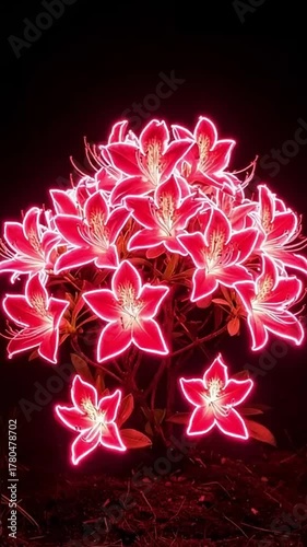 neon Abstract floral pattern background illustration with pink and purple spring flowers on a dark background