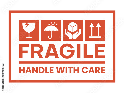 Sticker fragile handle with care, red fragile warning isolated.