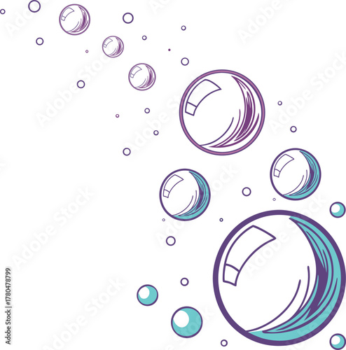 Purple and turquoise floating soap bubbles vector illustration, rising abstract clean water or drink fizz air oxygen underwater graphic background art.