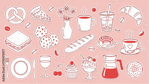 Outlined cafe, bakery, and dessert food illustrations collection for menu and sticker design.