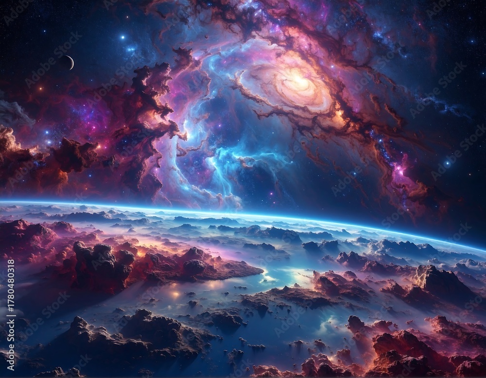 Obraz premium Orbital view above a world with a colorful cosmic nebula display
