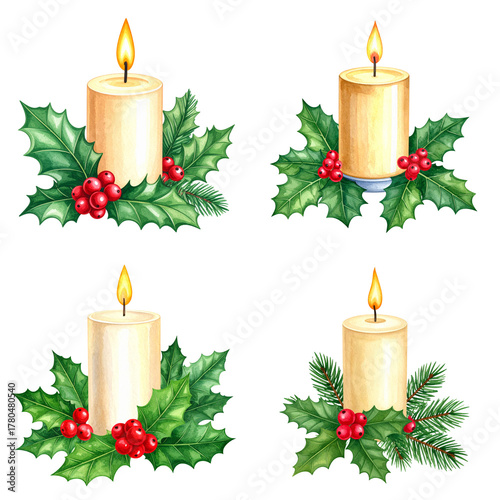 Merry Christmas decoration with holly and candles bringing light to winter isolated on white background