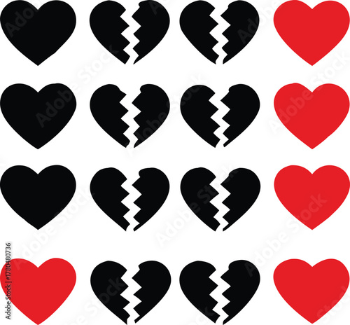 A grid of black and red hearts some whole and some broken